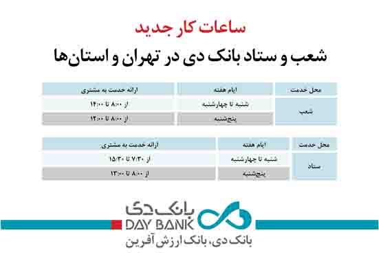 ساعات کار جدید شعب و ستاد بانک دی در تهران و استان‌ها