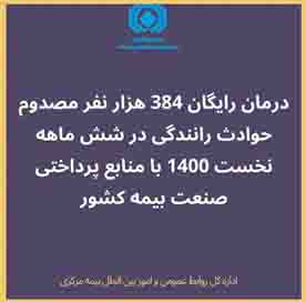 درمان رایگان ۳۸۴ هزار نفر مصدوم حوادث رانندگی در شش ماهه نخست ۱۴۰۰ با منابع پرداختی صنعت بیمه کشور